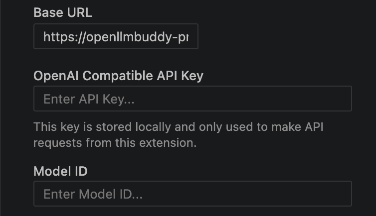 Cline OpenAI Compatible fields for Base URL, API key, and Model ID